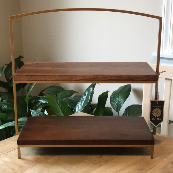 Gorgeous Wooden & Gold Medal 2 Tiered Shelf Made in India Plant 🪴 Stand or Decor - Picture 1 of 8